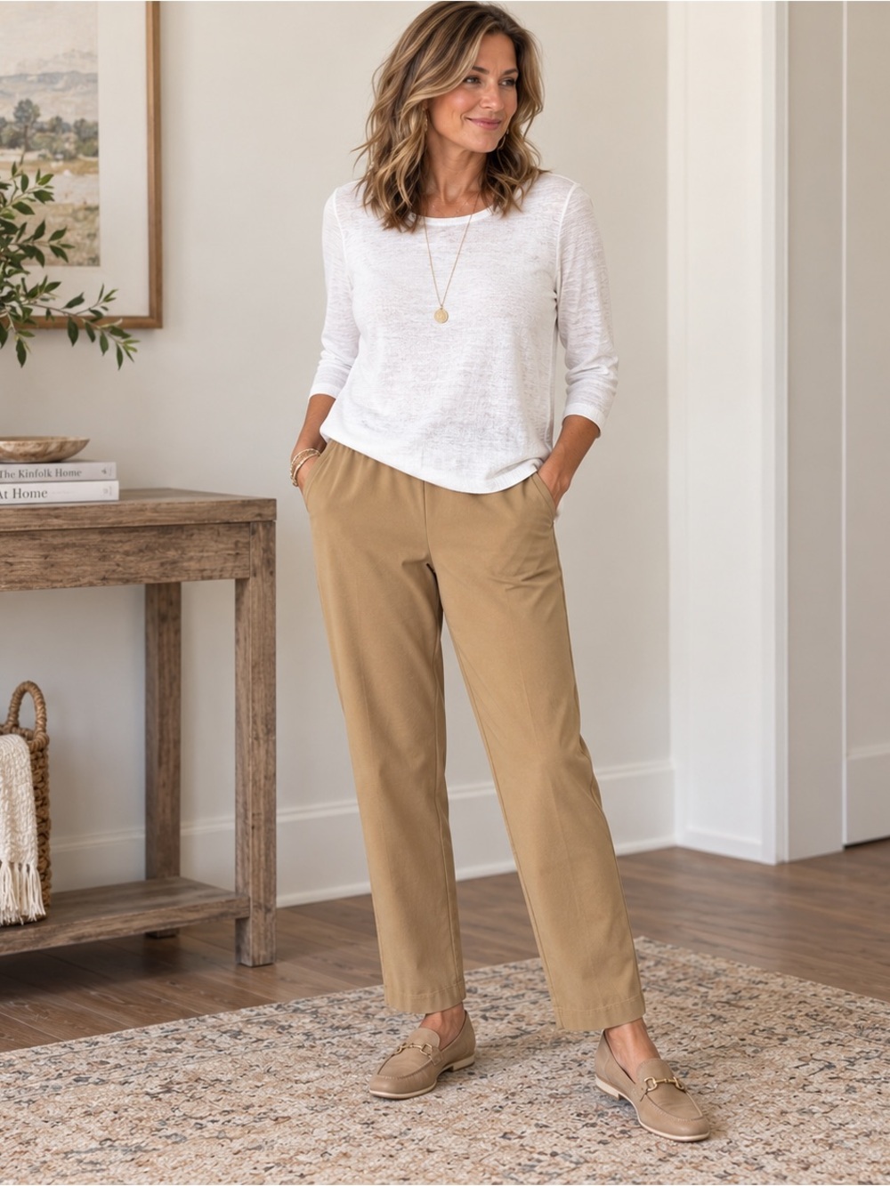 J.Jill Ponte Slim Leg Pull-On Pants Tan Beige Size L Stretch